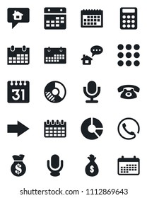 Set of vector isolated black icon - right arrow vector, calendar, circle chart, microphone, menu, calculator, phone, home message, money bag