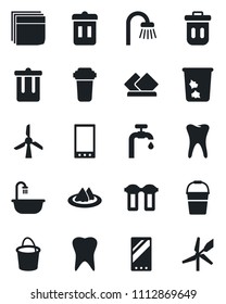 Set of vector isolated black icon - trash bin vector, bucket, tooth, mobile, blank box, water supply, bathroom, serviette, filter, windmill