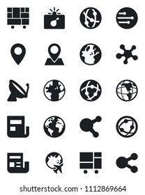 Set of vector isolated black icon - satellite antenna vector, bomb in case, plane globe, earth, pin, consolidated cargo, network, share, news, social media