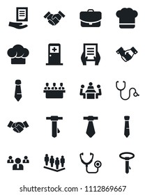 Set of vector isolated black icon - medical room vector, handshake, team, tie, document, stethoscope, meeting, cook hat, case