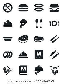 Set of vector isolated black icon - spoon and fork vector, dish, cafe, menu, plates, waiter, steak, kebab, hamburger, bowl, sushi