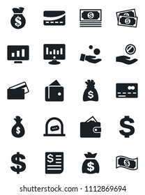 Set of vector isolated black icon - credit card vector, ticket office, dollar sign, money bag, statistic monitor, cash, receipt, wallet, investment