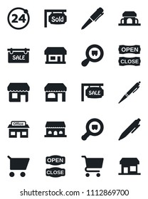 Set of vector isolated black icon - 24 around vector, shop, pen, store, search cargo, sale, sold signboard, cafe building, open close, cart, storefront