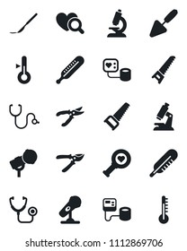Set of vector isolated black icon - trowel vector, pruner, saw, stethoscope, blood pressure, thermometer, heart diagnostic, microscope, scalpel, microphone