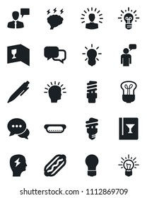 Set of vector isolated black icon - speaking man vector, pen, brainstorm, bulb, dialog, wine card, hot dog, energy saving, shining head, idea