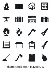 Set of vector isolated black icon - fence vector, tree, saw, fire, hoe, axe, abacus, table, alcove, cutting board