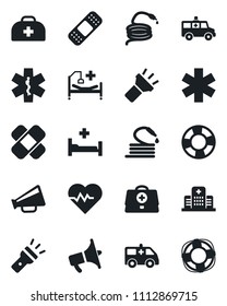 Set of vector isolated black icon - hose vector, heart pulse, doctor case, patch, ambulance star, car, hospital bed, loudspeaker, torch, crisis management