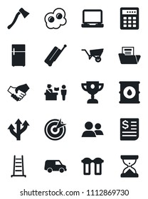 Set of vector isolated black icon - suitcase vector, passport control, ladder, wheelbarrow, axe, route, receipt, oil barrel, laptop pc, group, document folder, omelette, water filter, fridge, target