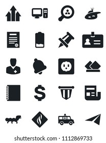 Set of vector isolated black icon - identity vector, dollar sign, pennant, drawing pin, caterpillar, ambulance car, doctor, low battery, bell, copybook, news, contract, pond, client search, socket