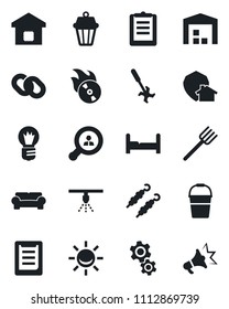Set of vector isolated black icon - bulb vector, farm fork, bucket, ripper, clipboard, flame disk, chain, warehouse, client search, bedroom, cushioned furniture, smart home, kebab, gear, protect