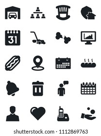 Set of vector isolated black icon - speaking man vector, calendar, lawn mower, heart, broken bone, radio phone, user, bell, place tag, monitor statistics, hierarchy, garage, children room, bread