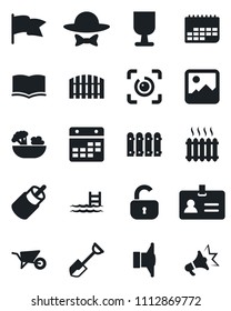Set of vector isolated black icon - identity vector, book, shovel, wheelbarrow, term, fragile, speaker, rca, gallery, calendar, eye id, pool, fence, lock, heater, salad, dress code, flag