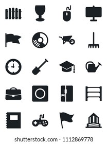 Set of vector isolated black icon - graduate vector, mouse, circle chart, shovel, fence, rake, watering can, wheelbarrow, clock, fragile, rack, gamepad, record, case, copybook, presentation board