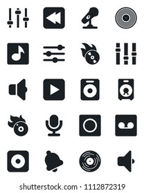 Set of vector isolated black icon - vinyl vector, flame disk, microphone, settings, speaker, play button, rewind, rec, tuning, bell, record, music, sound