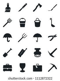 Set of vector isolated black icon - suitcase vector, shovel, farm fork, bucket, pruner, axe, scalpel, fragile, umbrella, themes, case, stamp, ladle, hard work