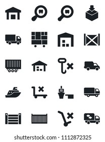 Set of vector isolated black icon - sea shipping vector, truck trailer, cargo container, car delivery, port, consolidated, no trolley, hook, warehouse, package, search, moving