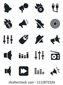 Set of vector isolated black icon - vinyl vector, flame disk, microphone, radio, speaker, loudspeaker, settings, equalizer, fast forward, rca, tuning, bell, mute, sound, advertising