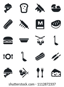 Set of vector isolated black icon - spoon and fork vector, menu, salad, bacon, waiter, bread, steak, kebab, hamburger, ladle, bowl, rolling pin, sushi, cheese