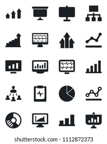 Set of vector isolated black icon - growth statistic vector, presentation board, monitor, circle chart, pulse, clipboard, statistics, bar graph, pie, point, hierarchy, arrow up