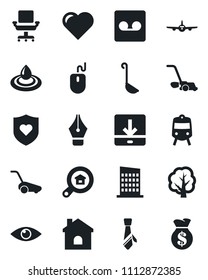 Set of vector isolated black icon - train vector, plane, mouse, tree, lawn mower, house, heart, shield, eye, record, download, ink pen, office chair, tie, estate search, city, ladle, water