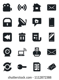 Set of vector isolated black icon - satellite antenna vector, wireless notebook, mail, printer, house, news, rewind, mobile, phone back, sim, lock, video, update, key, web camera, trash bin
