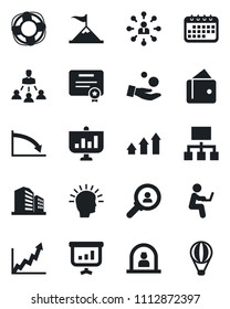 Set of vector isolated black icon - reception vector, hierarchy, consumer search, arrow up graph, shining head, motivation, wallet, growth, crisis, investment, calendar, management, certificate