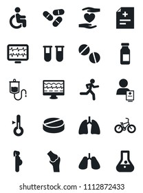 Set of vector isolated black icon - monitor pulse vector, diagnosis, blood test vial, dropper, pills, ampoule, bike, run, disabled, heart hand, lungs, joint, patient, pregnancy, thermometer, flask