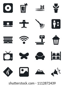 Set of vector isolated black icon - elevator vector, luggage storage, flower in pot, rake, butterfly, garden light, railroad, heavy scales, rec button, gallery, pool, mountains, cushioned furniture