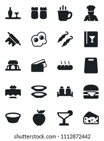 Set of vector isolated black icon - cook vector, alcohol, restaurant table, wine card, cocktail, coffee, plates, salt and pepper, bread, cafe building, credit, kebab, hamburger, bowl, rolling pin