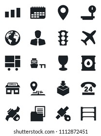 Set of vector isolated black icon - navigation vector, earth, pin, store, plane, satellite, traffic light, 24 hours, client, term, sea port, consolidated cargo, folder document, fragile, package
