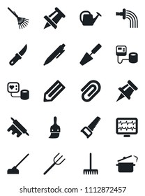 Set of vector isolated black icon - pen vector, drawing pin, pencil, trowel, farm fork, rake, watering can, saw, hoe, garden knife, monitor pulse, blood pressure, themes, paper clip, rolling