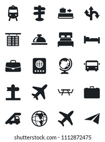 Set of vector isolated black icon - plane vector, baggage conveyor, airport bus, train, reception bell, passport, globe, bed, ladder car, flight table, case, picnic, route, signpost, bedroom, earth