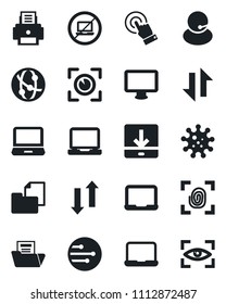 Set of vector isolated black icon - no laptop vector, notebook pc, virus, support, folder document, network, touch screen, monitor, data exchange, download, printer, fingerprint, eye scan
