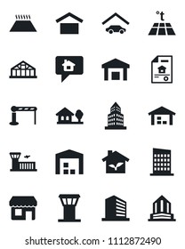 Set of vector isolated black icon - airport tower vector, barrier, building, office, greenhouse, warehouse storage, house with tree, garage, estate document, city, eco, warm floor, home message