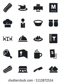 Set of vector isolated black icon - hot cup vector, cafe, waiter, dish, restaurant table, serviette, cook hat, wine card, menu, bacon, salt and pepper, building, receipt, chicken, ham, bowl, knife