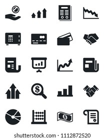 Set of vector isolated black icon - credit card vector, safe, news, bar graph, pie, abacus, handshake, contract, arrow up, growth, crisis, money search, investment, cash, presentation