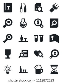 Set of vector isolated black icon - document search vector, blood test vial, heart diagnostic, ampoule, fragile, cargo, torch, client, alcohol, wine card, beer, money, idea, flask, sand clock