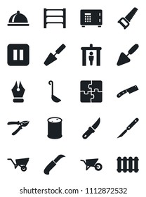 Set of vector isolated black icon - security gate vector, safe, trowel, wheelbarrow, pruner, saw, garden knife, scalpel, oil barrel, rack, pause button, application, ink pen, dish, ladle, radiator