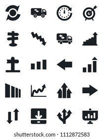 Set of vector isolated black icon - right arrow vector, left, growth statistic, crisis graph, route, signpost, sorting, data exchange, download, update, moving, target, up, clock, presentation
