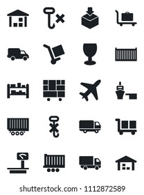 Set of vector isolated black icon - plane vector, baggage trolley, truck trailer, cargo container, car delivery, sea port, consolidated, fragile, no hook, warehouse, package, heavy scales, rack