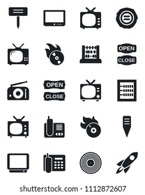 Set of vector isolated black icon - tv vector, abacus, stamp, plant label, vinyl, flame disk, radio, phone, office, open close, rocket