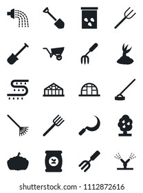 Set of vector isolated black icon - job vector, garden fork, shovel, farm, rake, wheelbarrow, watering, sproute, hoe, sickle, pumpkin, greenhouse, seeds, fertilizer, drip irrigation, fruit tree