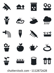 Set of vector isolated black icon - flower in pot vector, seedling, watering can, rain, plant label, seeds, pond, oil barrel, house with tree, rolling pin, apple fruit, water filter