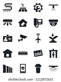 Set of vector isolated black icon - plane radar vector, security gate, identity card, drip irrigation, sorting, barcode, root setup, air conditioner, smart home, intercome, control app, water filter