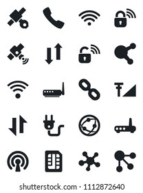 Set of vector isolated black icon - satellite vector, network, share, chain, call, sim, data exchange, cellular signal, wireless, power plug, lock, router, social media
