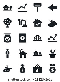Set of vector isolated black icon - bomb in case vector, left arrow, manager, contract, seedling, plant label, greenhouse, pond, fertilizer, point graph, house with tree, fruit, eco, money bag