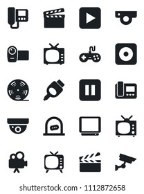 Set of vector isolated black icon - ticket office vector, clapboard, reel, tv, gamepad, video camera, play button, pause, rec, hdmi, web, intercome, surveillance