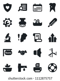 Set of vector isolated black icon - handshake vector, document search, printer, contract, drip irrigation, thermometer, microscope, heart shield, caries, root setup, stamp, pool, windmill, rooms