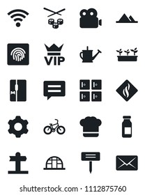 Set of vector isolated black icon - vip vector, checkroom, watering can, seedling, plant label, greenhouse, ampoule, bike, signpost, message, settings, wireless, fingerprint id, video, mountains
