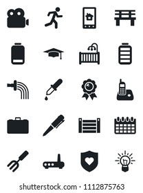 Set of vector isolated black icon - case vector, medal, graduate, pen, calendar, garden fork, watering, bench, dropper, run, heart shield, container, radio phone, battery, low, video, children room